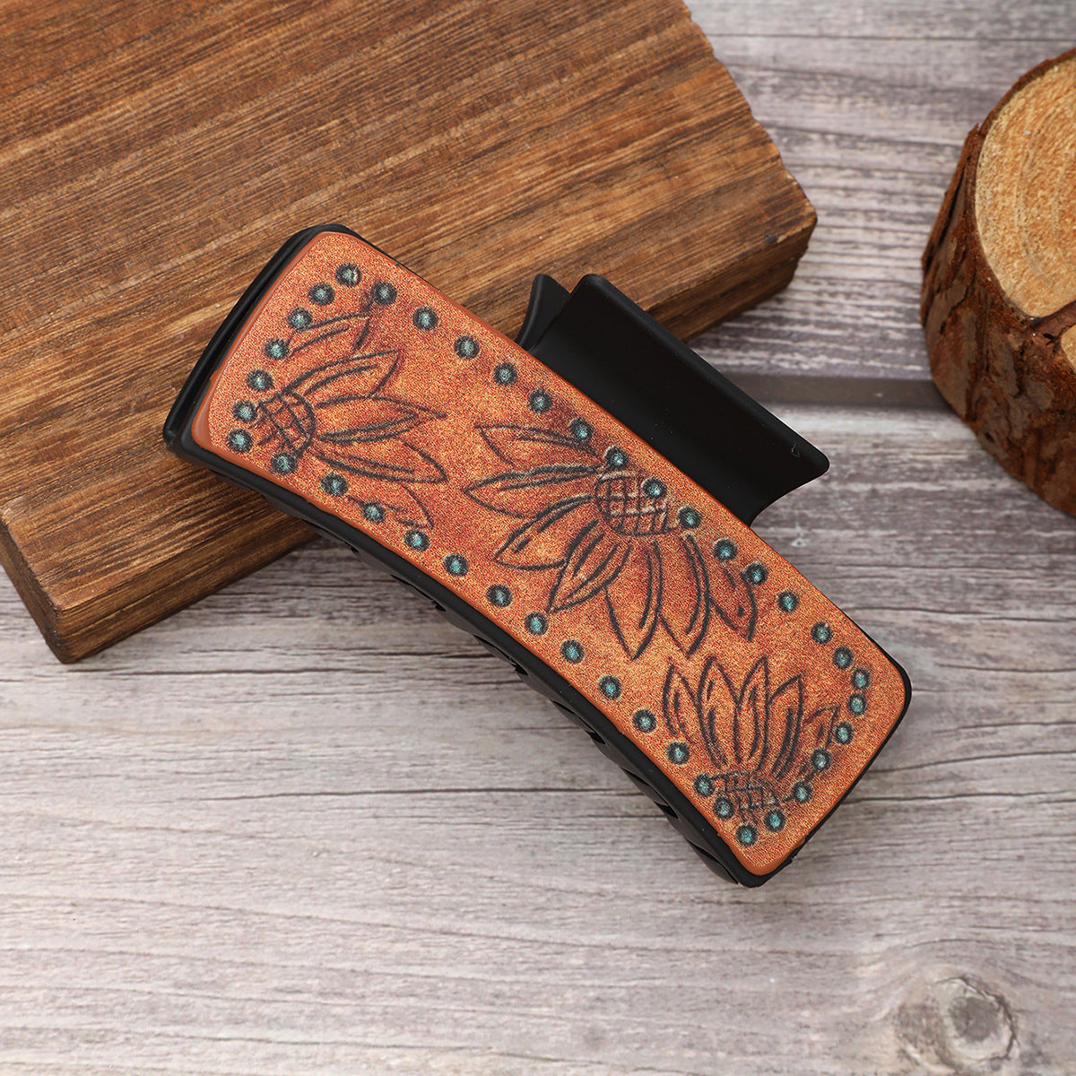Wholesale leather hair clip with sunflower pattern claw clip shark clip