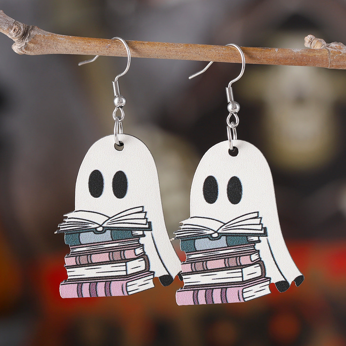 Wholesale Book Ghost Wooden Gothic Style Double-Sided Earrings