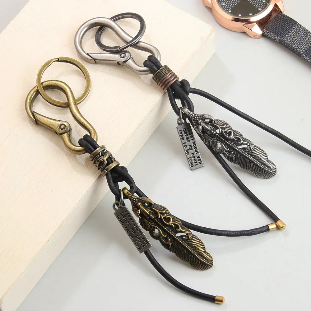 Wholesale retro woven cowhide keychain creative design bronze pendant