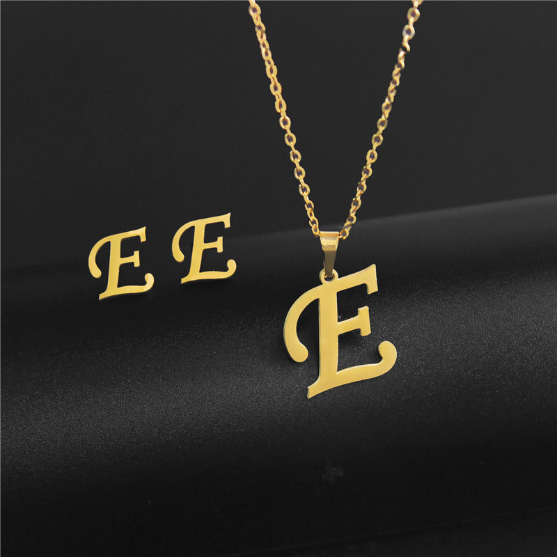 Wholesale Stainless Steel 26 Letter Necklace Earrings Two Piece Set