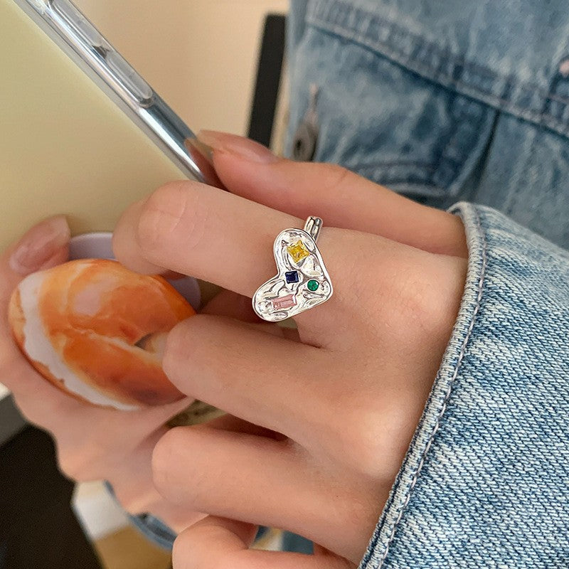 Wholesale Irregular Texture Colored Zircon Heart Copper Rings