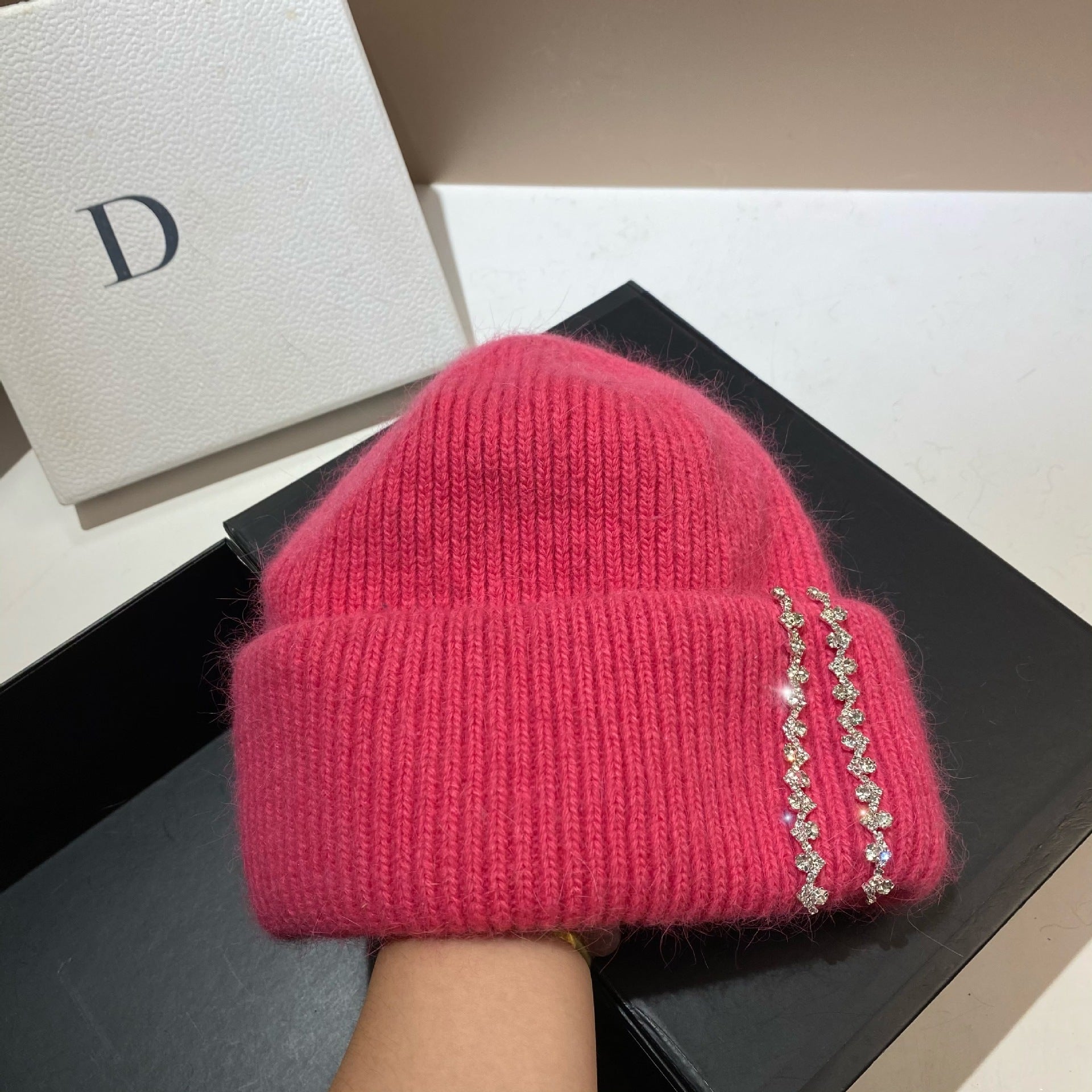 Wholesale Long Rabbit Fur Bi-fold Knitted Rhinestone Beanie