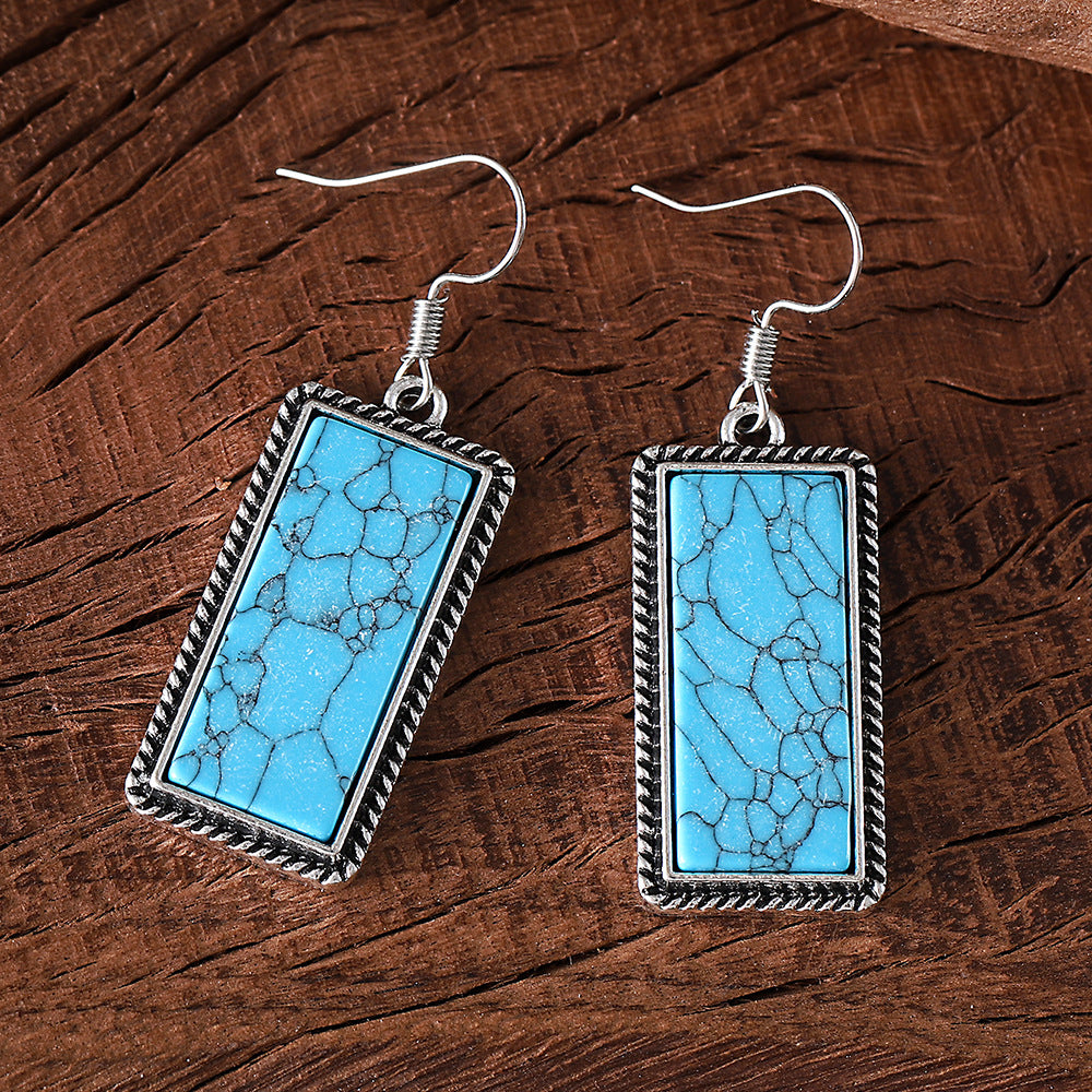 Wholesale Bohemian Inlaid Rectangular Turquoise Geometric Pendant Earrings Necklace Set