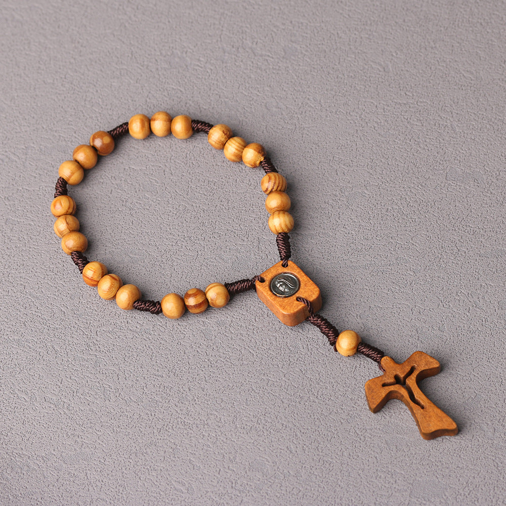 Wholesale Easter Natural Wooden Cross Rosary Bracelet 8mm Pine Beads