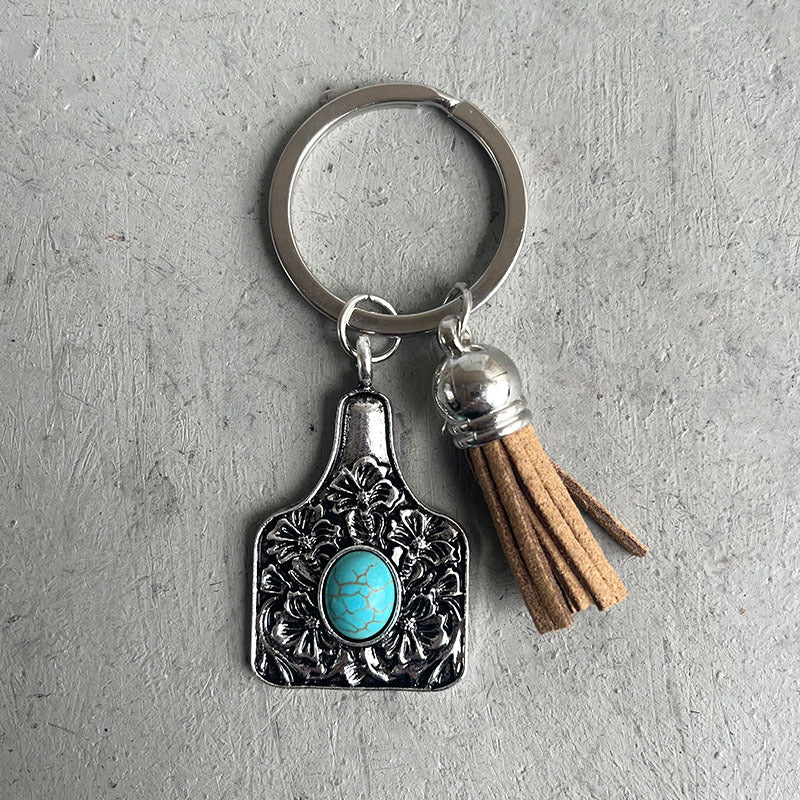 Wholesale 3PCS/PACK Turquoise Alloy Vintage Cow Tag Pendant Keychains