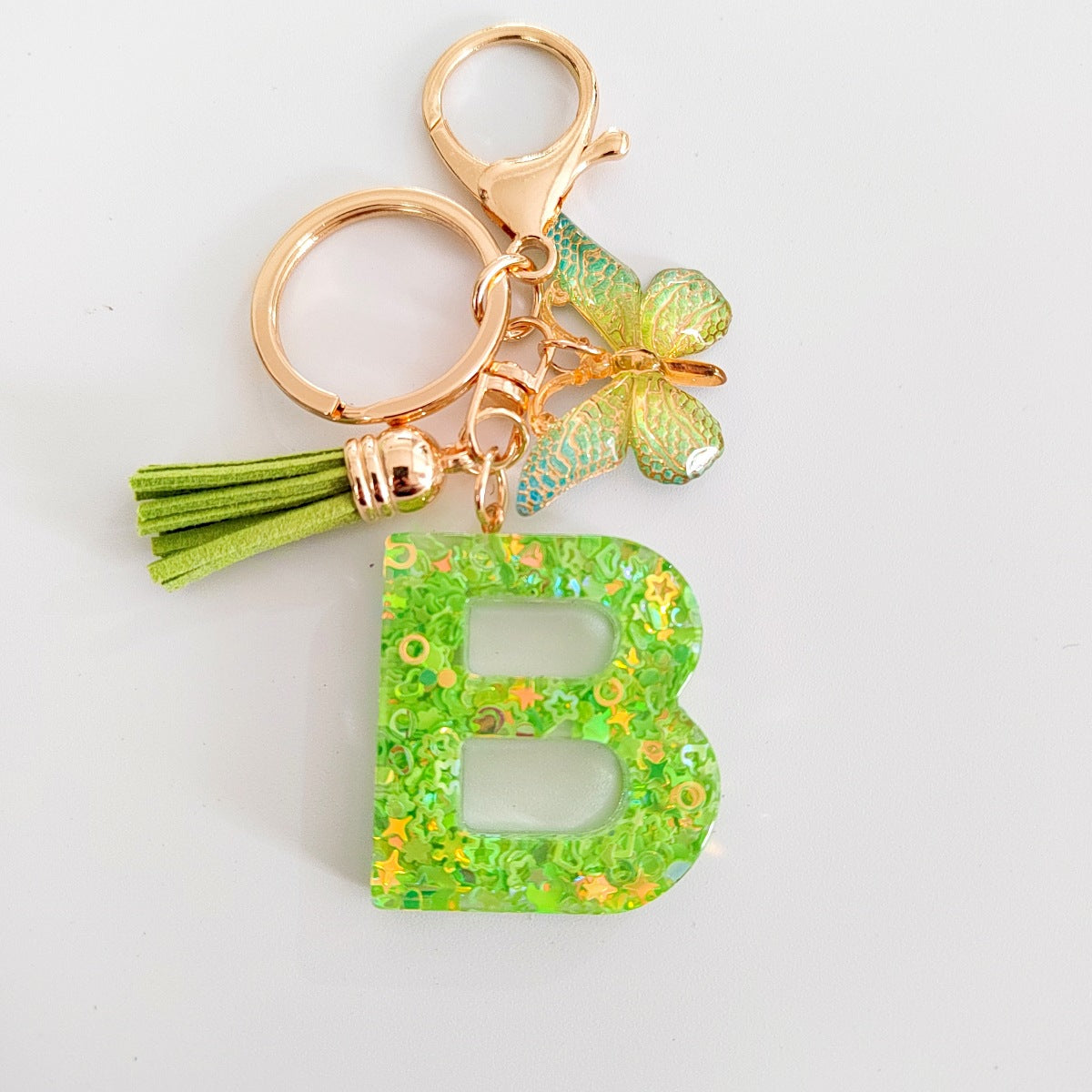 Wholesale 26 English Alphabet Keychain Pendant Green Star Glitter Resin Pendant  Key Chain