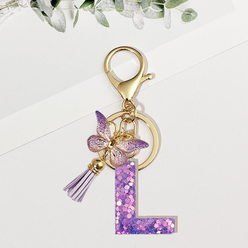 Wholesale Pink sequined butterfly 26 letter Sequin Keychain