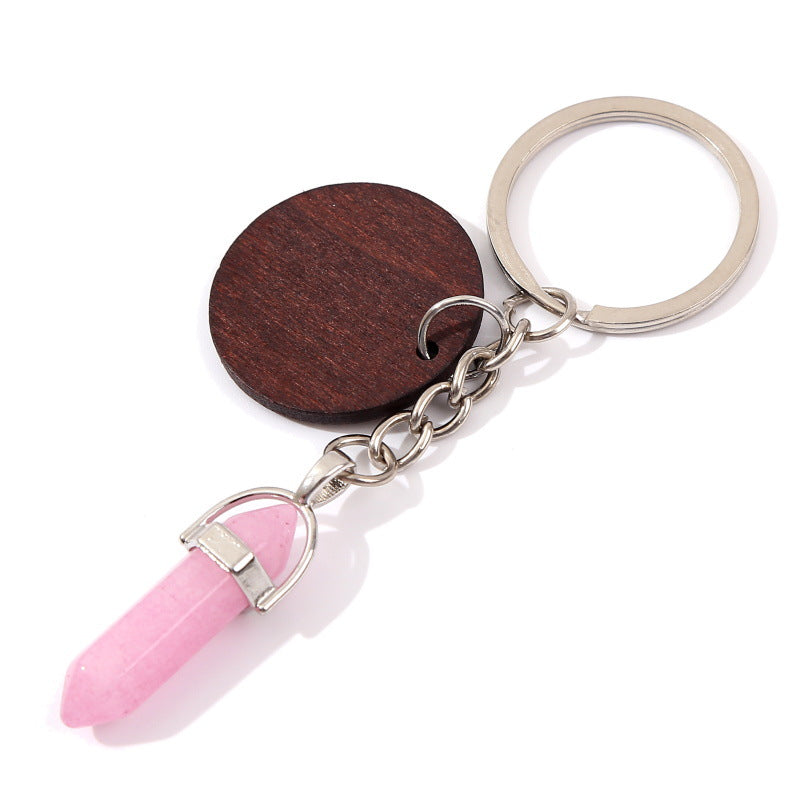 Wholesale Stone Crystal Hexagonal Pillar Round Wood Chip Keychain