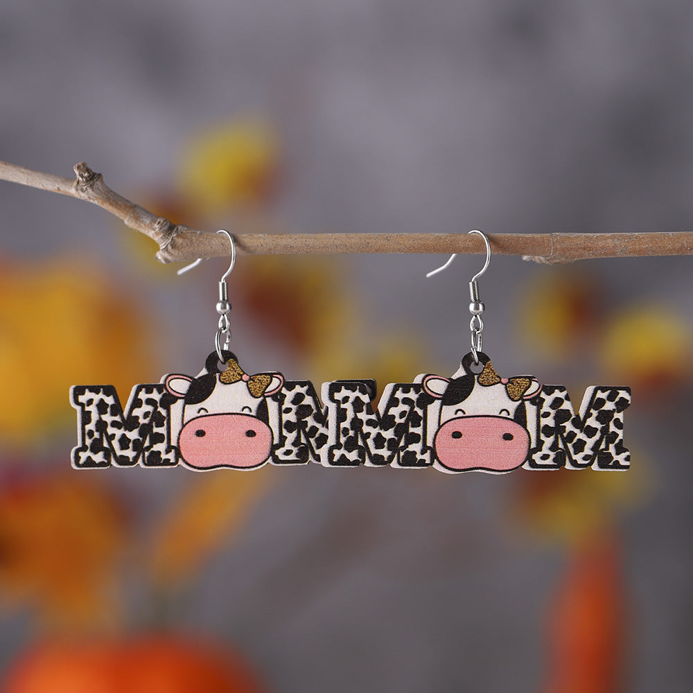Wholesale Cute Cream Style MOM Letter Cow Pattern Cow Double-sided Wooden Earrings