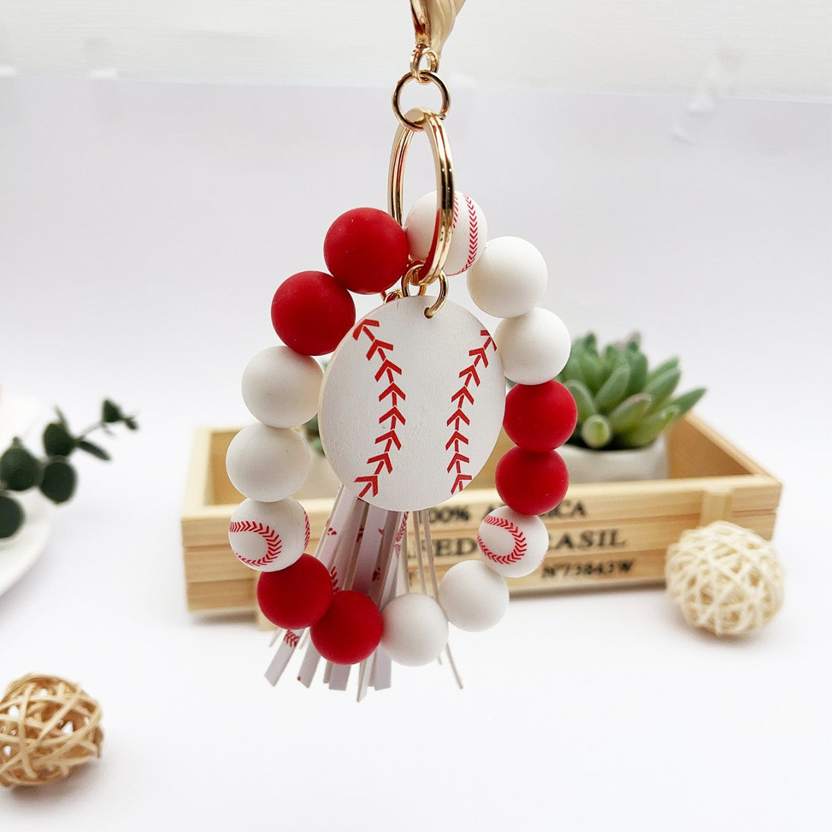 Wholesale Silicone Beaded Tassel Charm Bracelet Keychain Wood Beads Ball Pendant