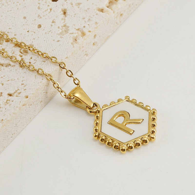 Wholesale Stainless Steel Plated Hexagonal Natural Shell Letter Pendant 18K Necklace