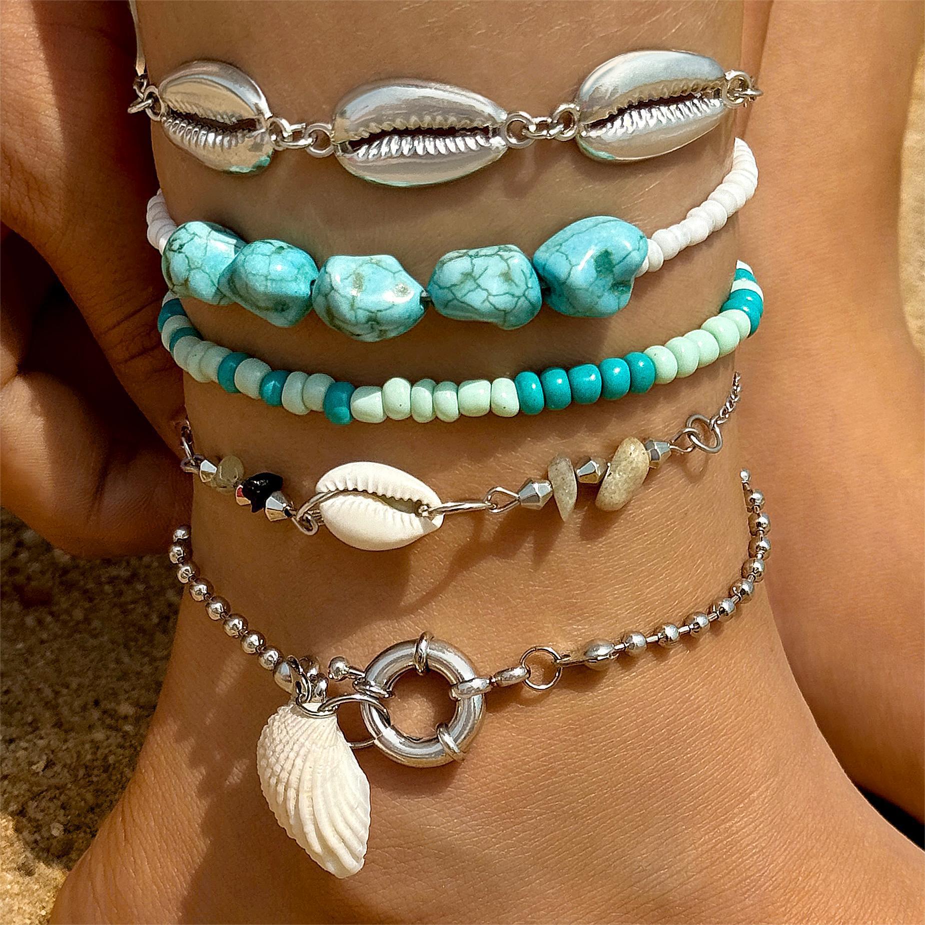 Wholesale Holiday style bohemian beaded stacking anklet starfish turtle shell pendant anklet five-piece set