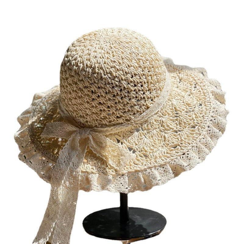 Wholesale Summer Lace Folding Straw Hat Hand-woven Hollow Bow Sun Hat