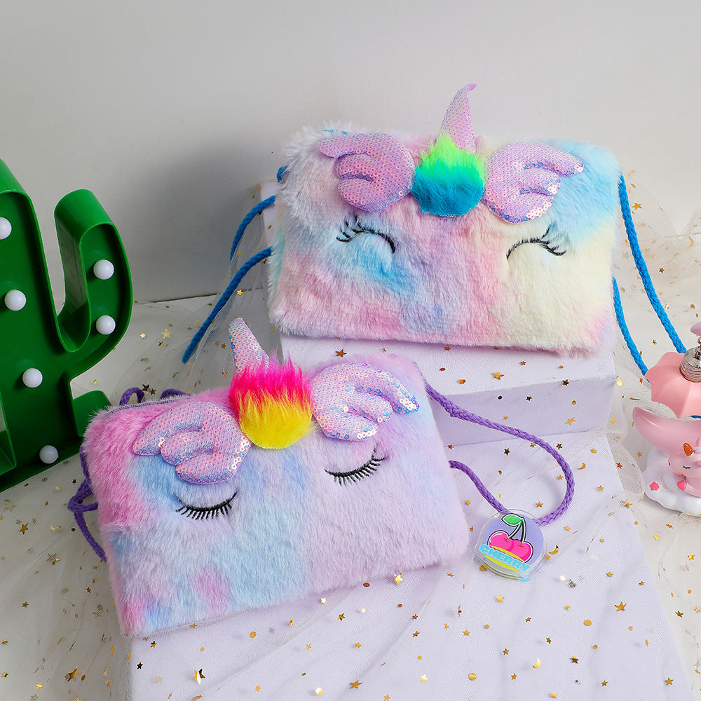 Wholesale Unicorn Square Squinting Plush Crossbody Girls Coin Purse
