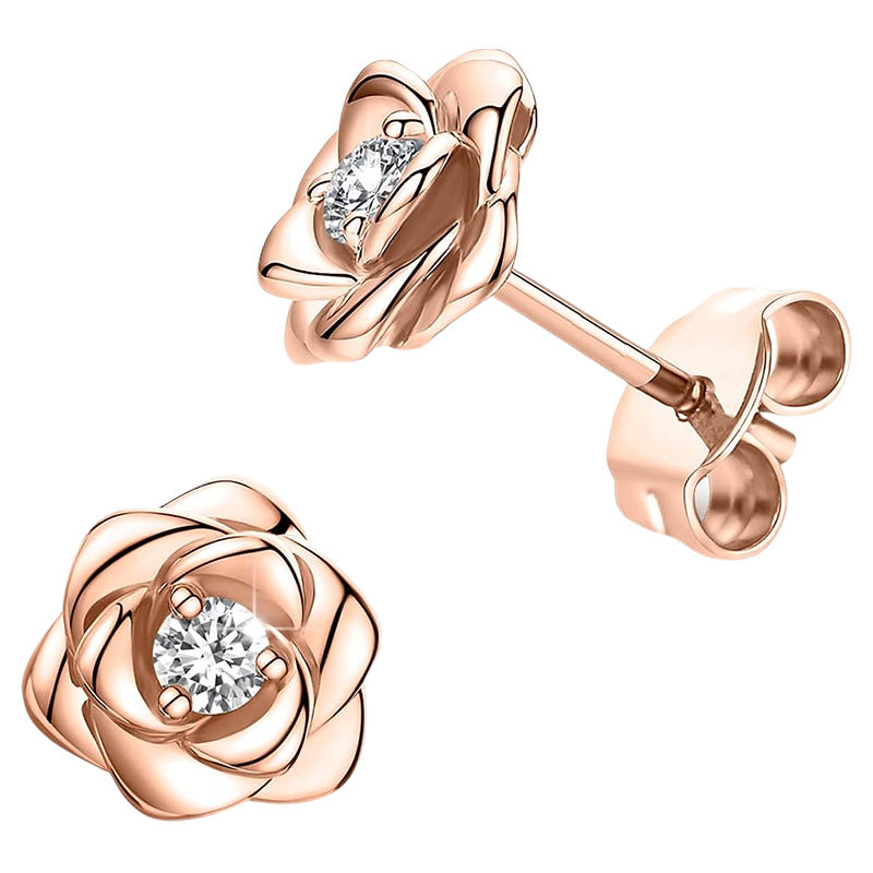 Wholesale Silver rose studded earrings with diamonds