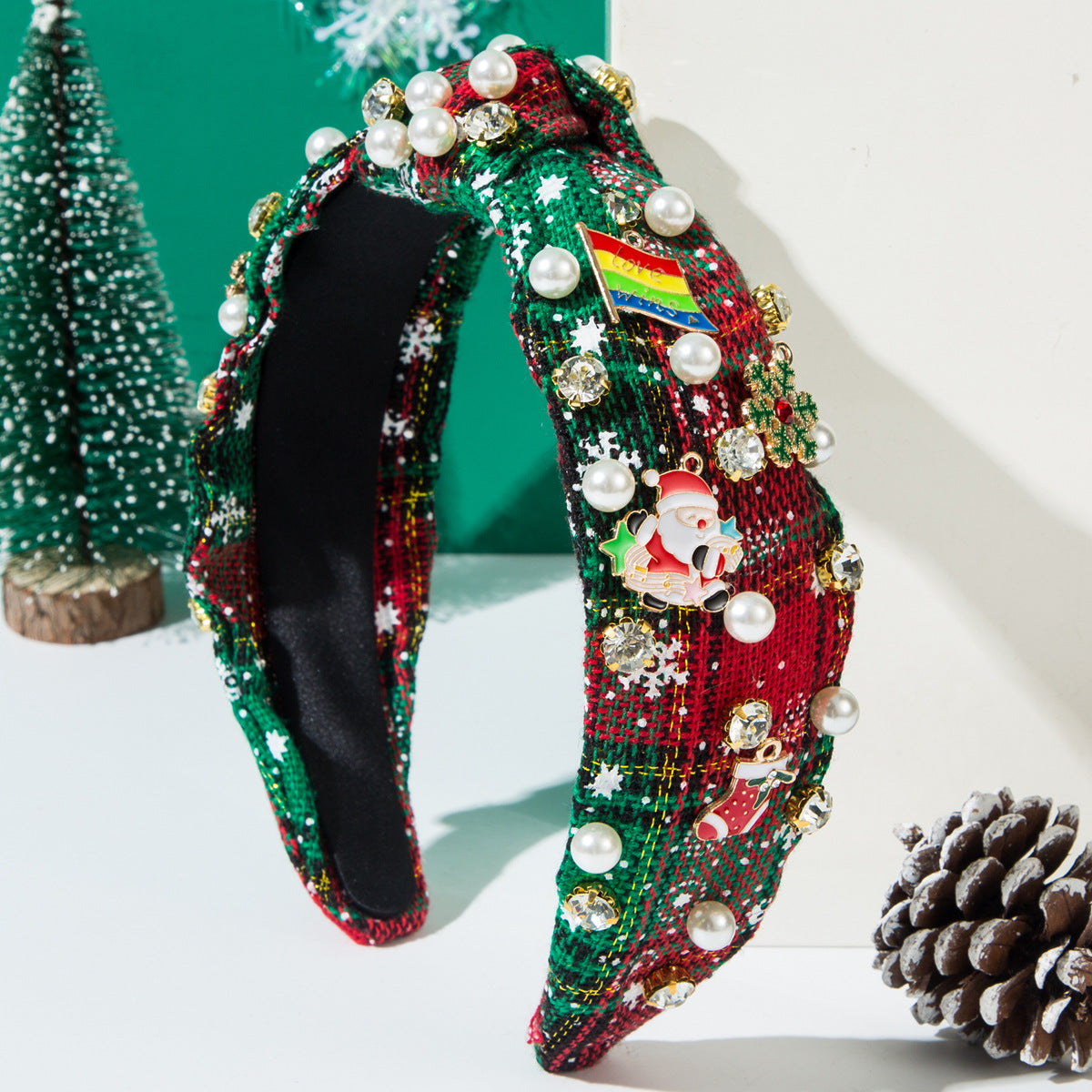 Wholesale Christmas Check Fabric Knotted with Small Scented Headbands