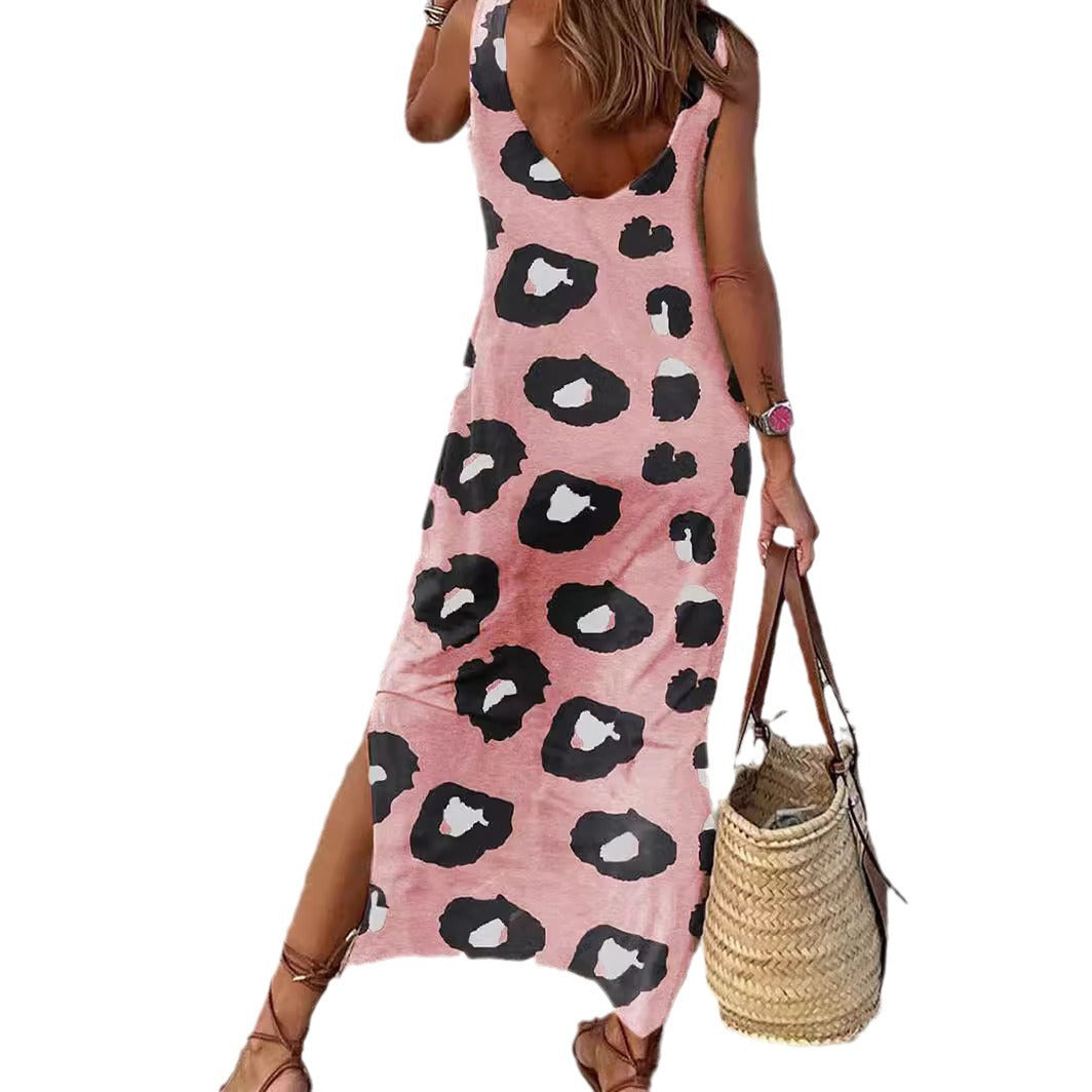 Wholesale Leopard Print Sleeveless Thin Slit Backless Loose Tank Top Dress