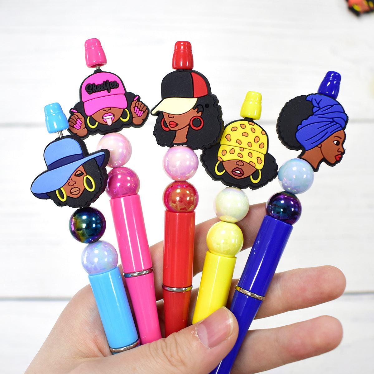 Wholesale  Random 100pcs  Black Girl Cartoon Ballpoint Pen Handmade Beads
