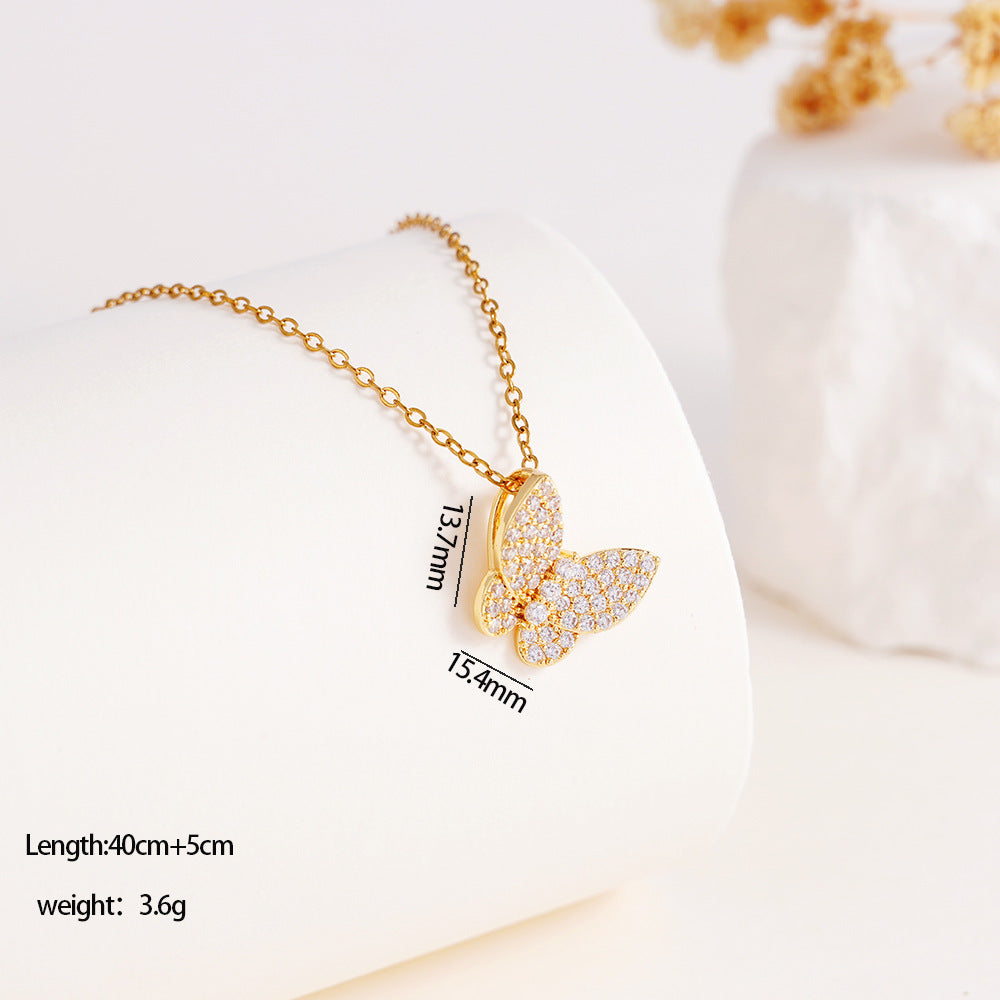 Wholesale Copper Inlaid Zircon Bow Pendant Luxury Versatile Stainless Steel Clavicle Necklace Jewelry