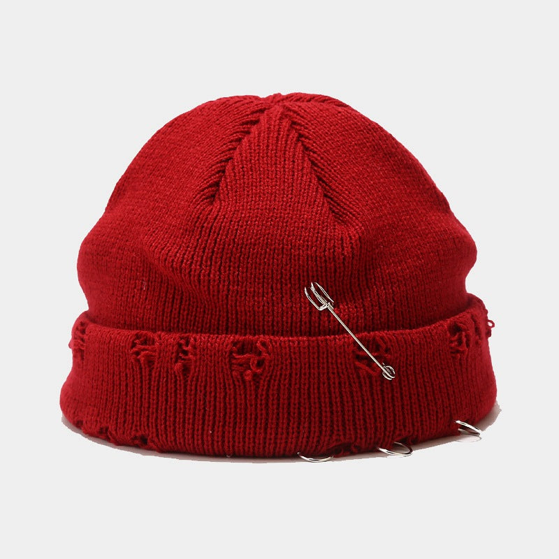 Wholesale Hoop Pin Ripped Wool Knitted Hat