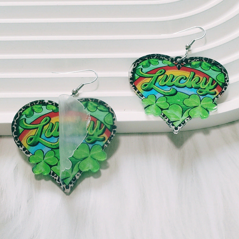 Wholesale St. Paric festival colorful double-sided heart-shaped green plant clover acrylic earrings