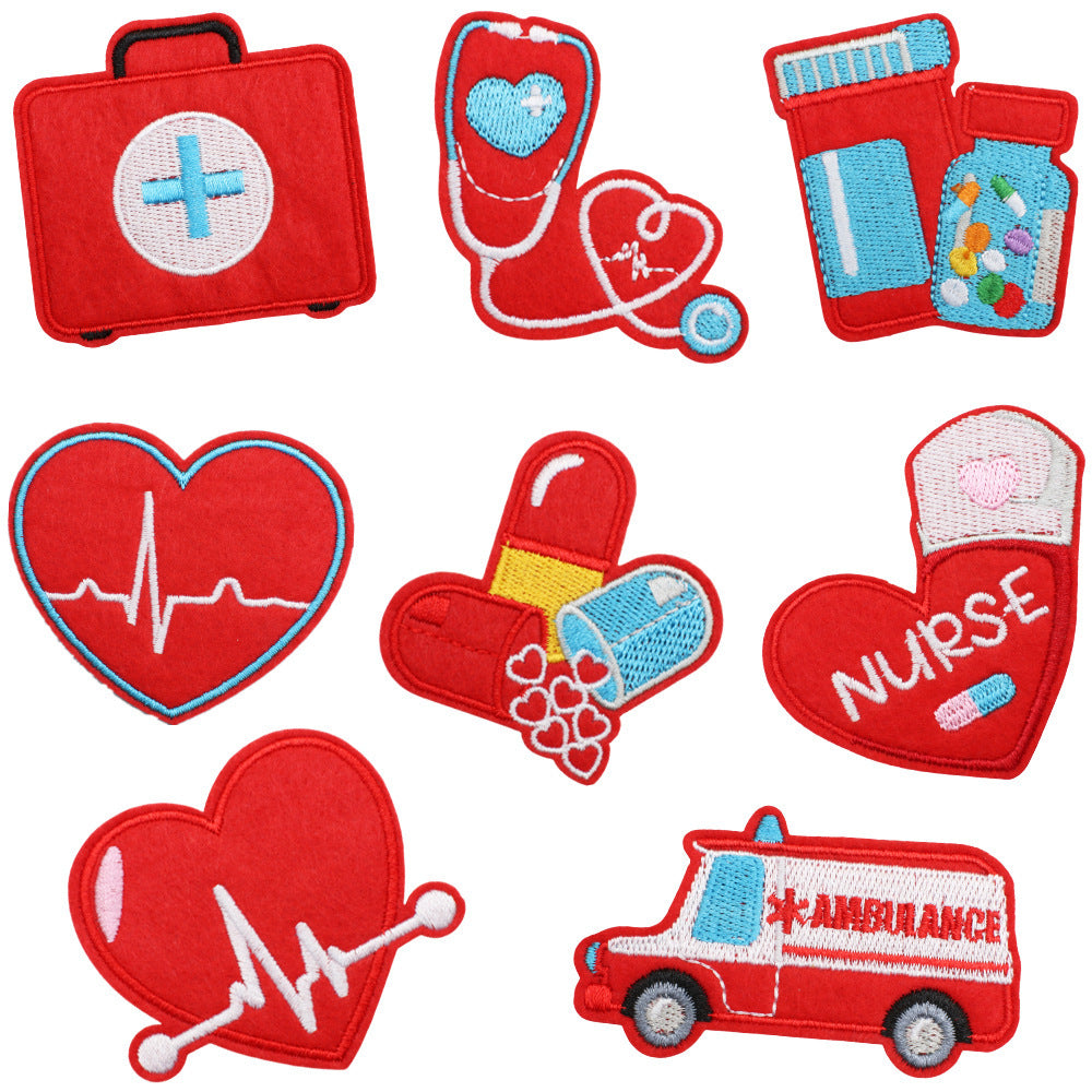 Wholesale Modern Red Blue Medical Rescue Team Embroidered Patches Cartoon Stethoscope Polyester Clothing Decoration Gift