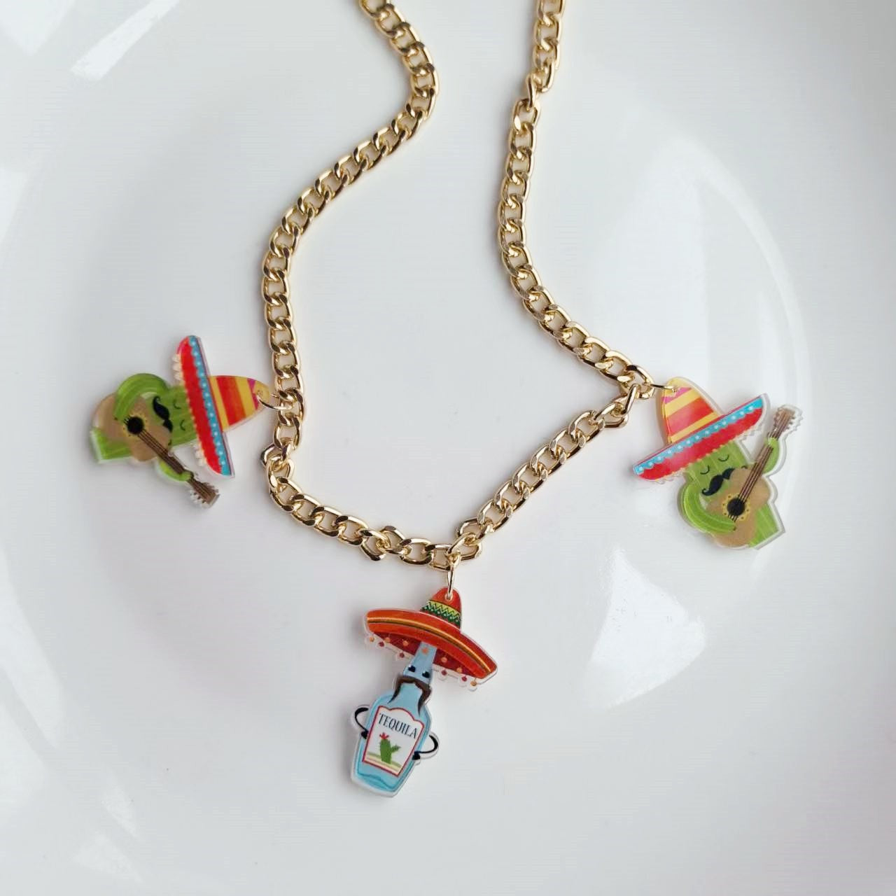 Wholesale Carnival Chili Rainbow Horse Wine Bottle Ghost Hat Sand Hammer Acrylic Necklace