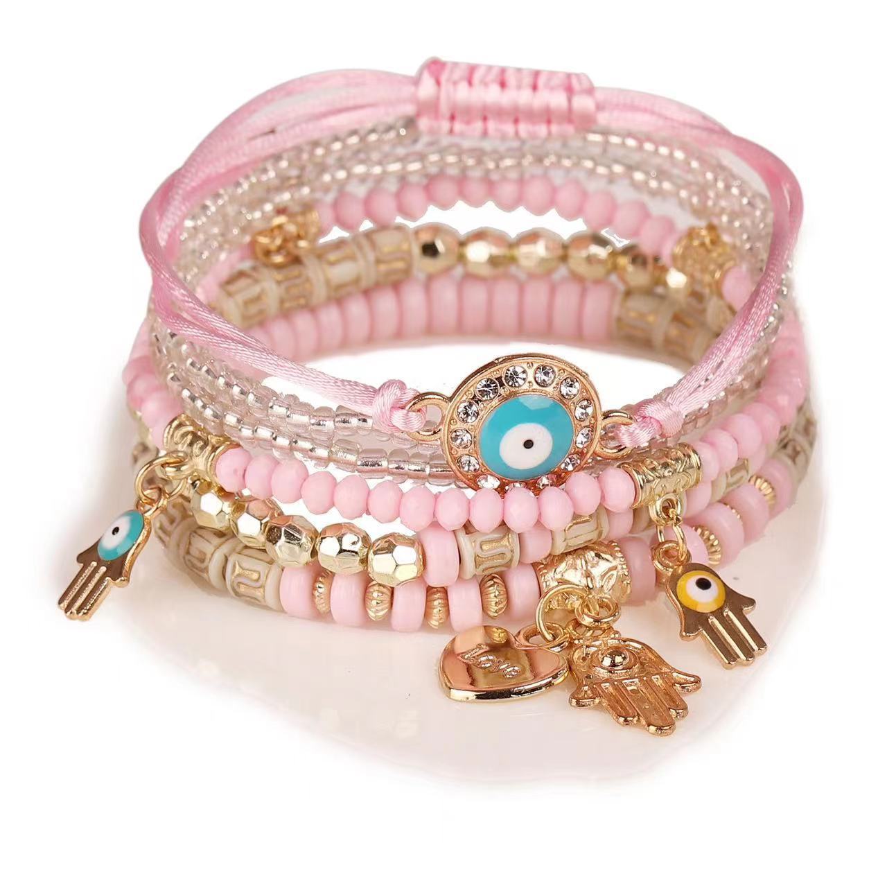 Wholesale Bohemian Devil' s Eye Palm Love Multi layer Elastic Rope Bracelet