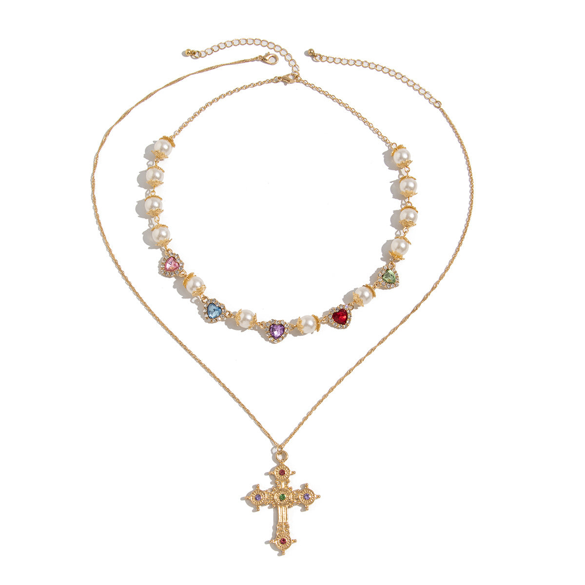 Wholesale Colored Heart Diamond Necklace Men's Cross Pendant Clavicle Chain