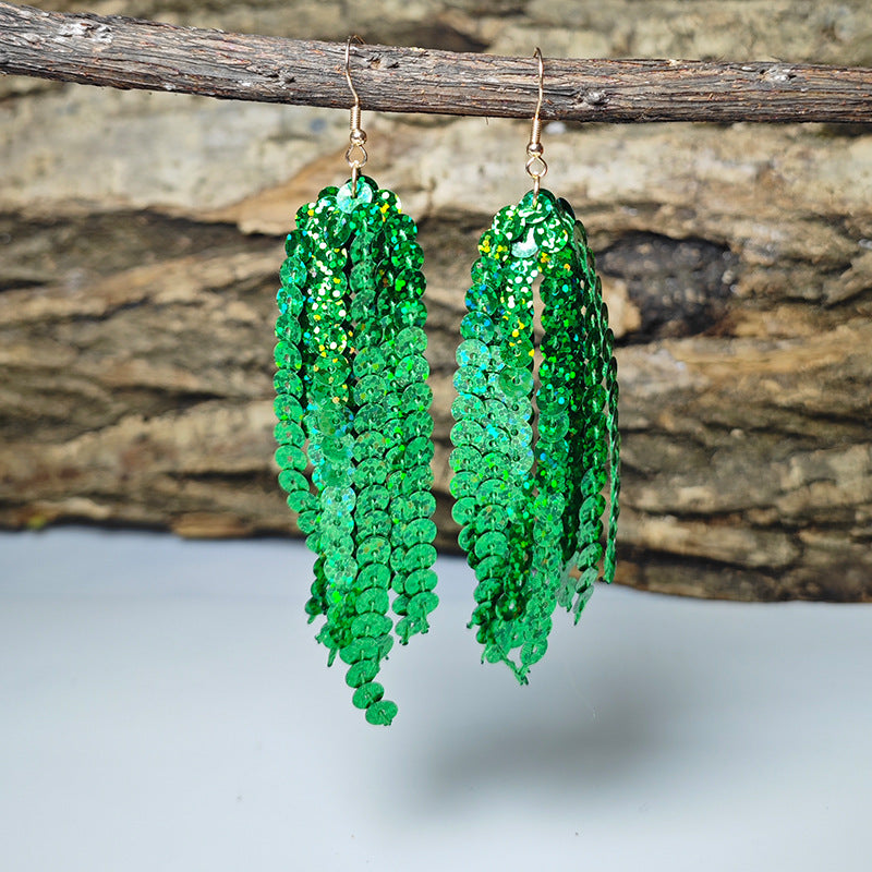 Wholesale Shiny Laser Green Sequin Round Tassel San Patrick Atmosphere Earrings