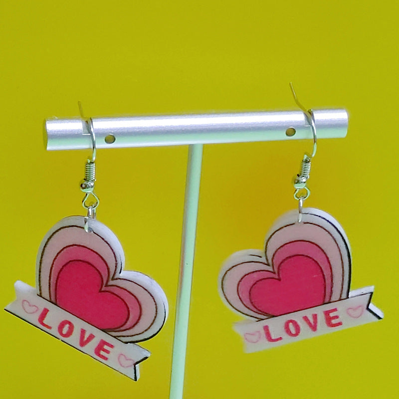 Wholesale Valentine's Day Acrylic Printed Heart Double Sided Hollow Flower Earrings
