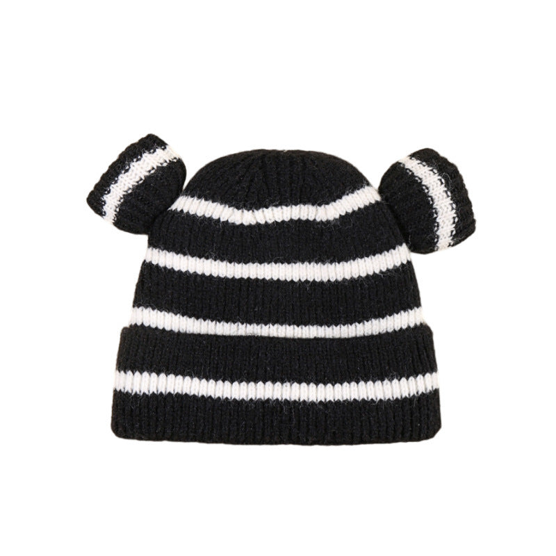 Wholesale Bear Ears Knitted Plush Children's Striped Contrast Color Autumn and Acrylic Winter Hats 10PCS