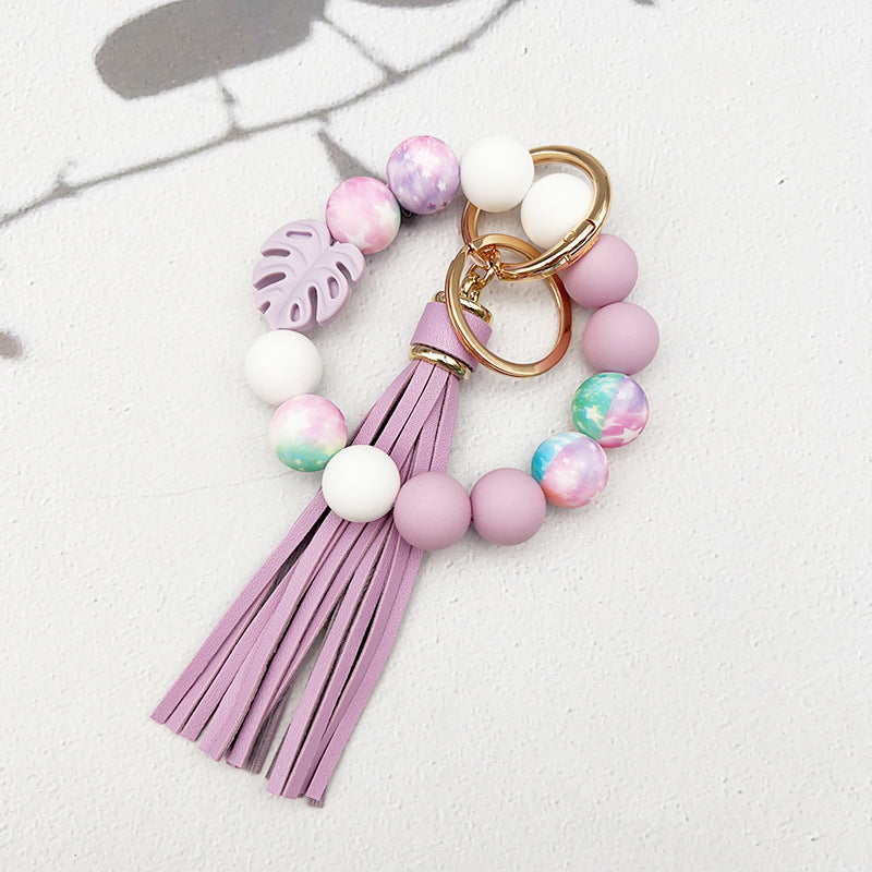 Wholesale leaf silicone printing silicone beaded tassel Wrist keychain