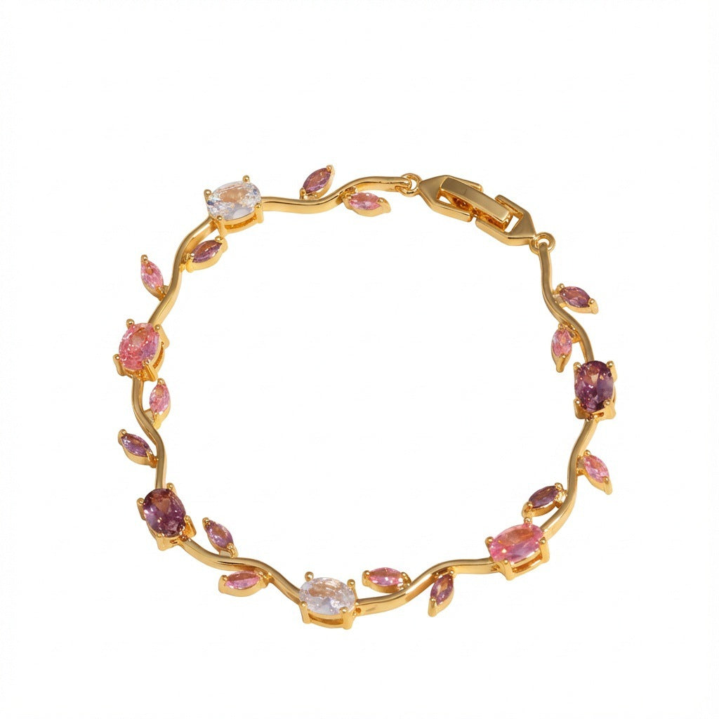 Wholesale Copper inlaid colored zircon flower branch and leaf bracelet