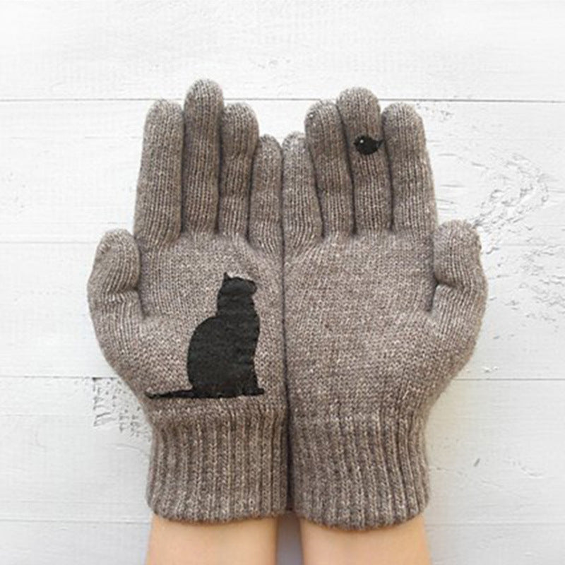 Wholesale Autumn and Winter Outdoor Warm and Cold-proof Thickened Cat and Bird Print Gloves