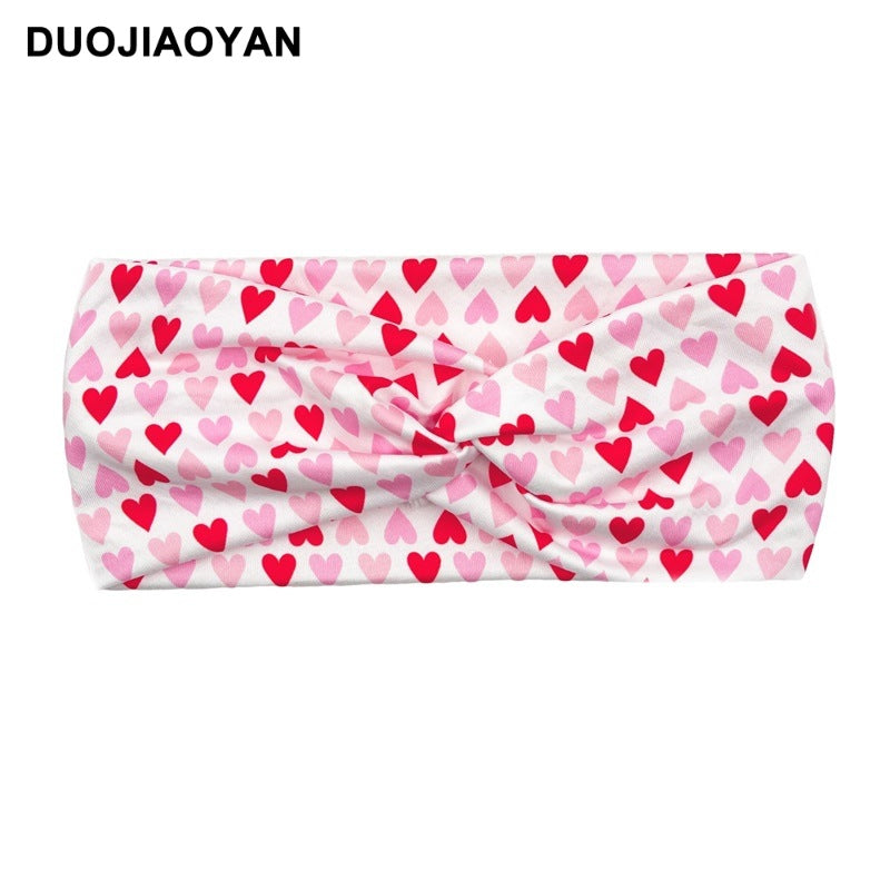 Wholesale Valentine's Day Printed Heart Elastic Cross Hairband