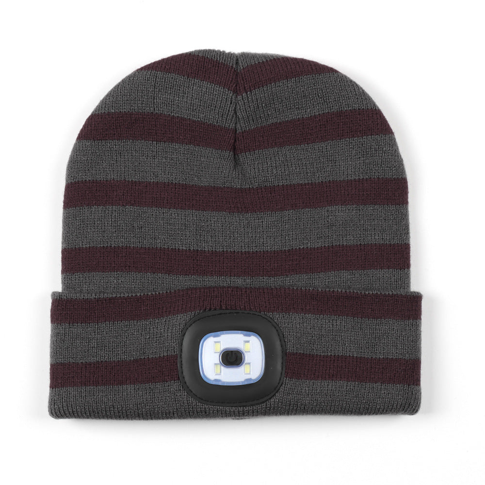 Wholesale Leopard Camo LED Knitted Hat USB Charging Warm Night Running Woolen Hat