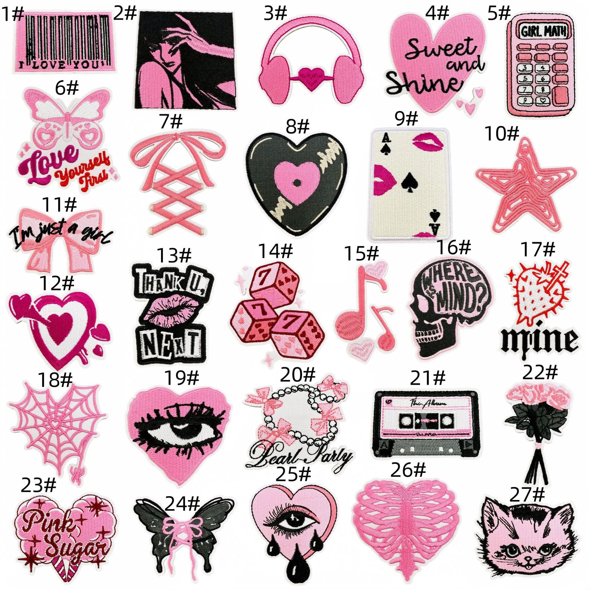 Wholesale Y2K Black Pink Urban Cool Embroidered Patch Set 27Pcs Skull Heart Butterfly DIY Decorative Patches For Clothes Bags Fashion Accessory Gift Resale