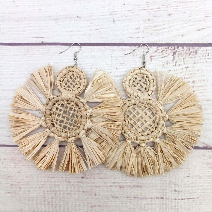 Wholesale Raffia Handwoven Round Tassel Pendant Alloy Earrings