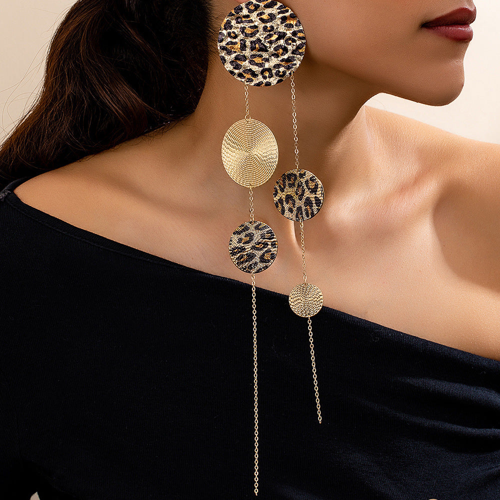 Wholesale Alloy Electroplated Leopard Print Tassel Earrings Retro Geometric Fashion Accessory For Party Wear