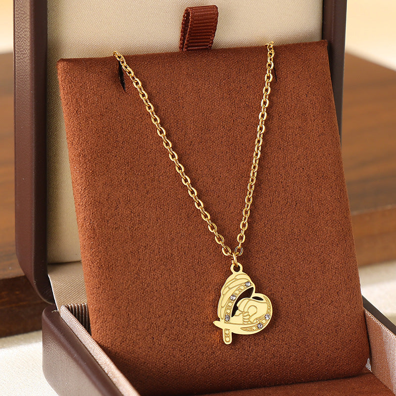 Wholesale Mother' s Day Diamond studded Hollow Moon Love Stainless Steel Necklace