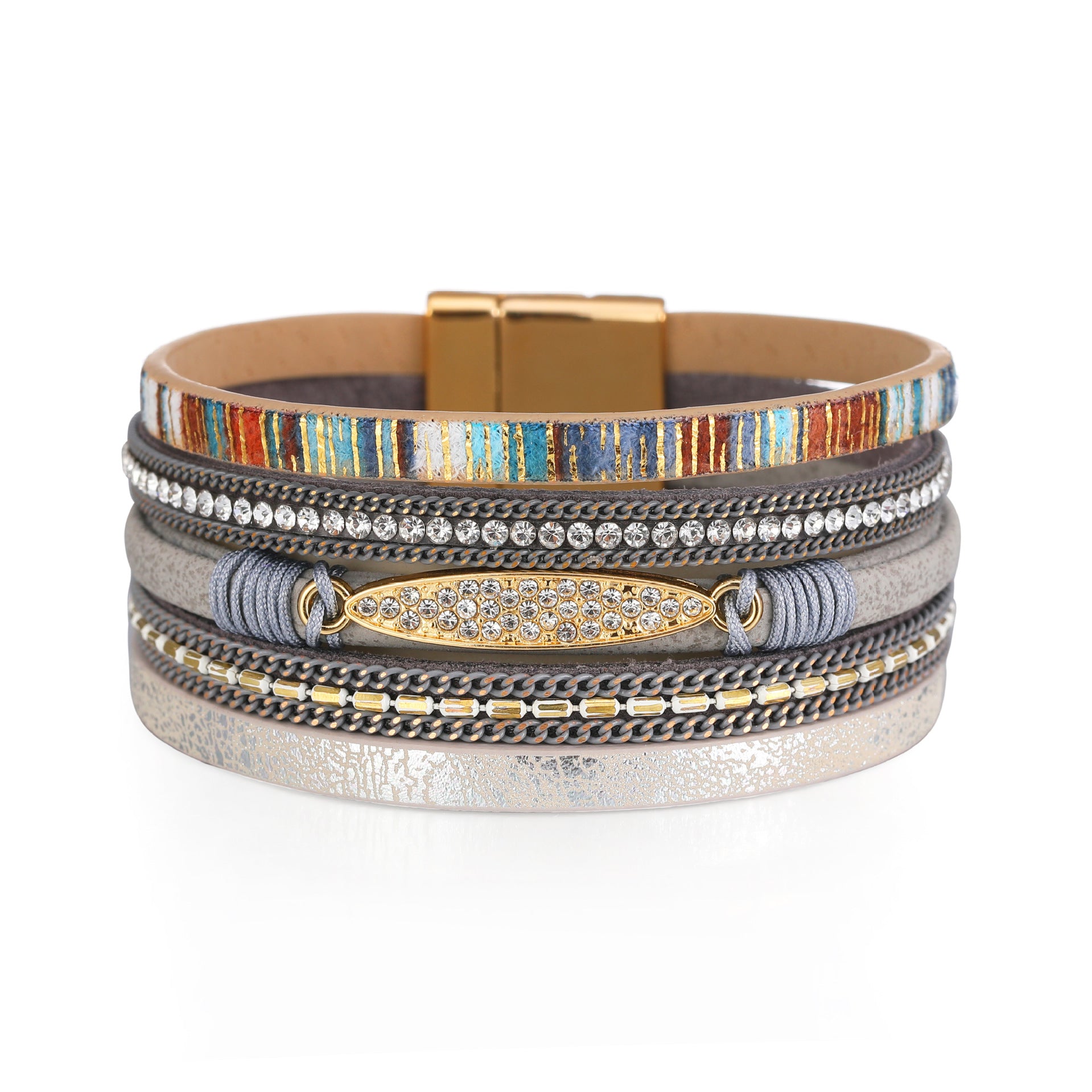 Wholesale Bohemian Ethnic Style Diamond Colored Magnetic Buckle Leather Bracelet