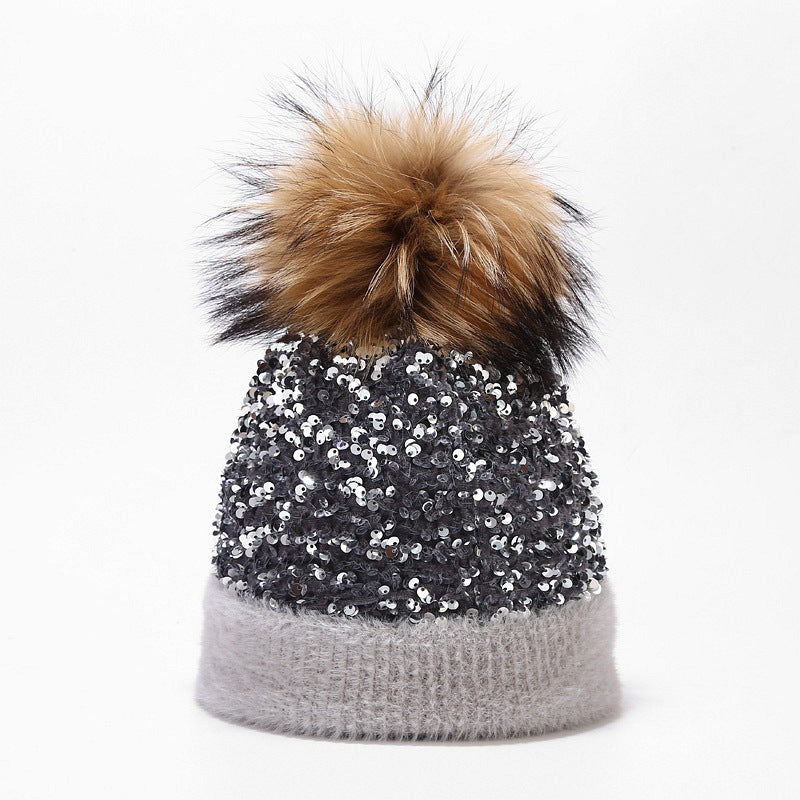 Wholesale Dyed Raccoon Fur Ball Sequin Warm Knitted Hat