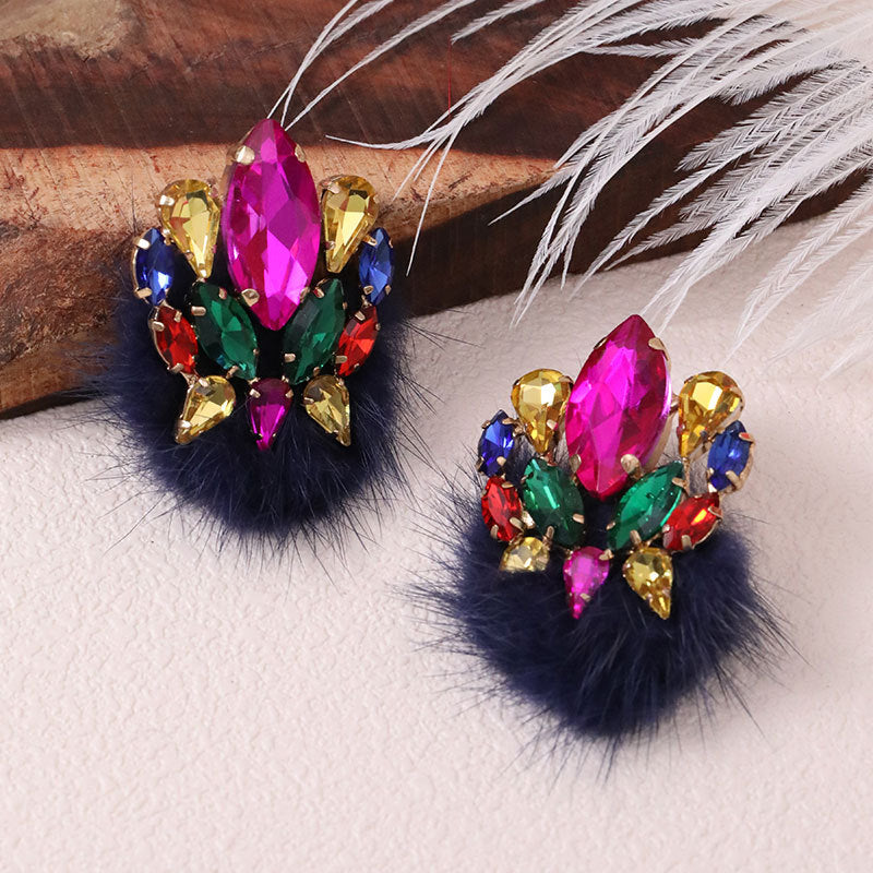 Wholesale Plush Ball Colorful Rhinestone Earrings