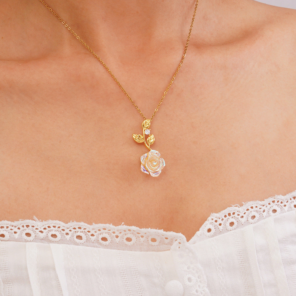 Wholesale Copper inlaid zircon rose crystal flower necklace