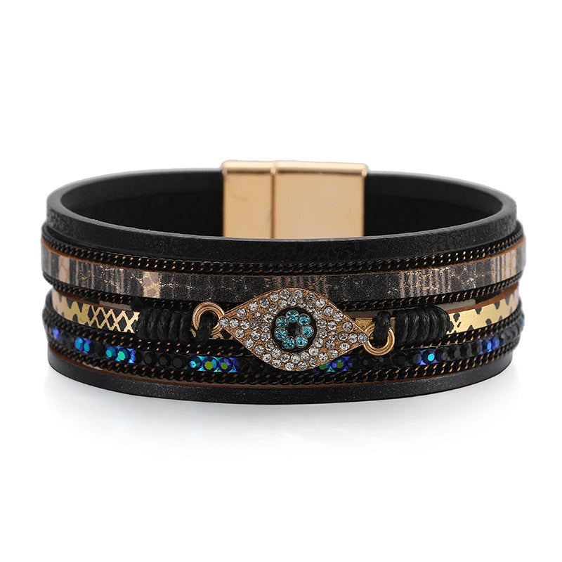 Wholesale Devil's Eye Diamond Design Multi-Layer Pu Leather Ethnic Style Bracelet