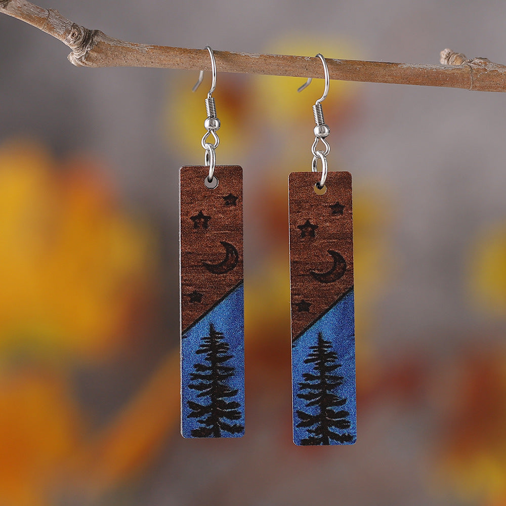 Wholesale Western style pine tree star moon rectangular geometric wooden earrings
