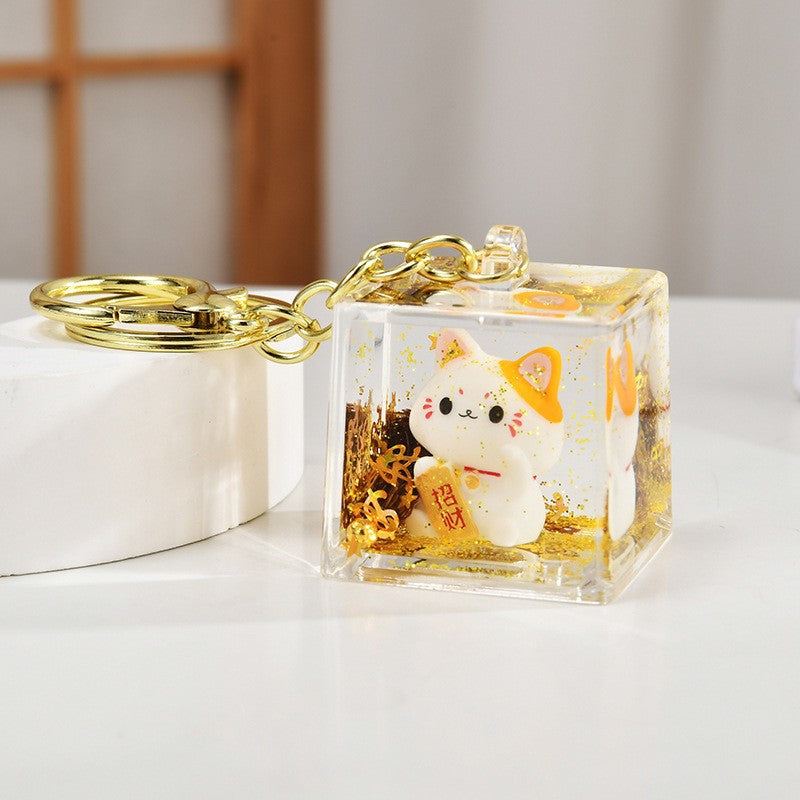 Wholesale Acrylic Golden Flowing Sand Lucky Cat Creative Keychain