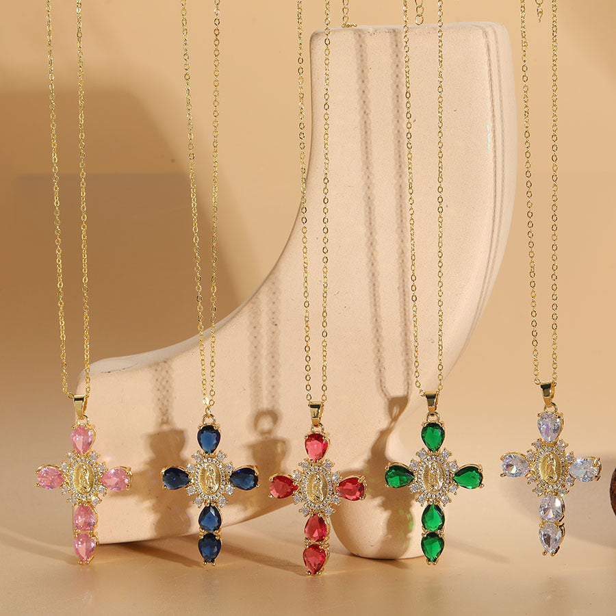 Wholesale Cross Madonna Portrait Zircon Pendant Necklace