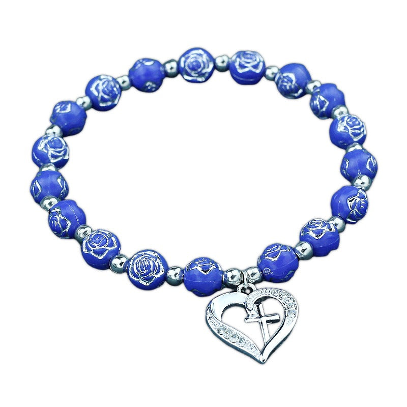 Wholesale Rose Beaded Heart Cross Couple Bracelet